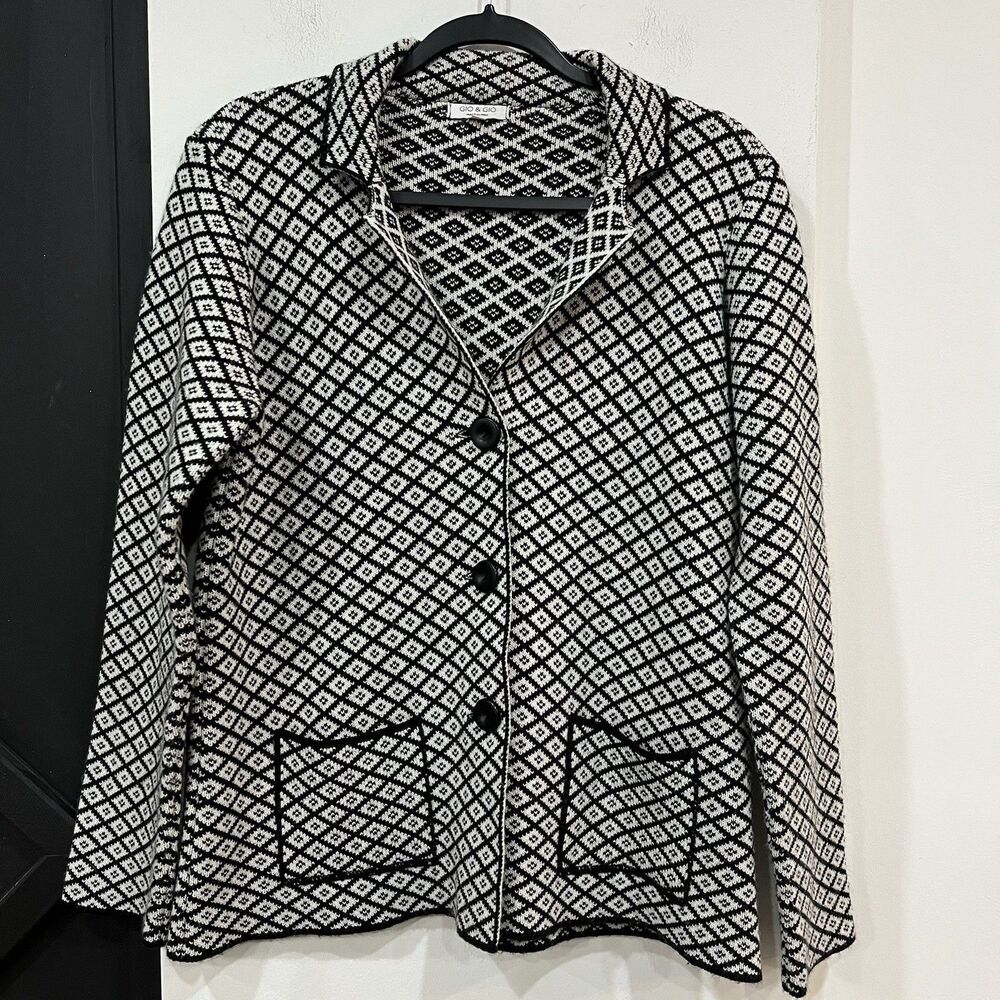 Gio & Gio Geometric Cardigan Sweater Blazer Button Size Large Italy Acrylic Wool